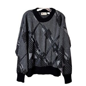 Vintage Palermo Black Geometric Sweater Large Retro 90s Cosby Grandpa Hipster